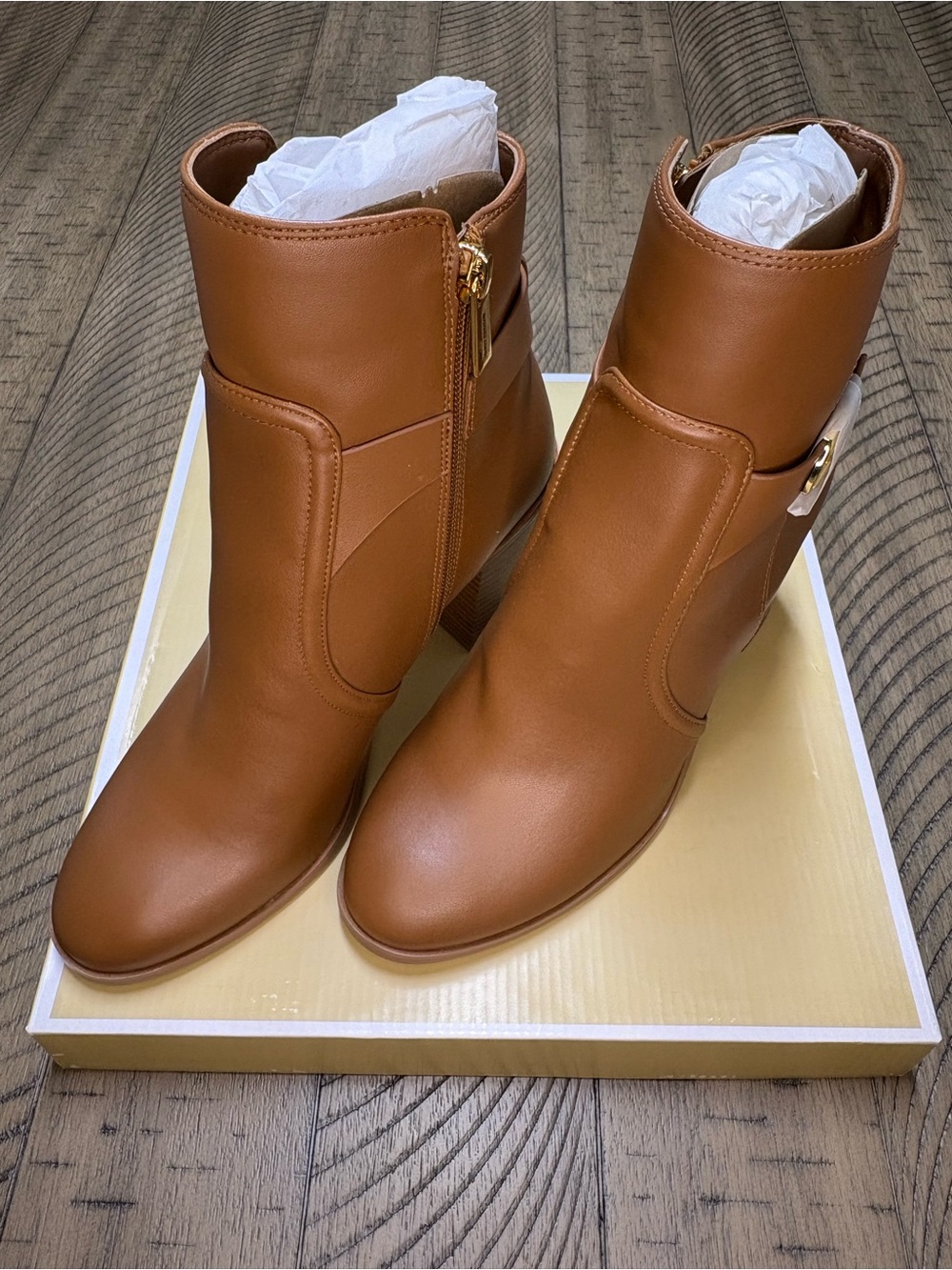 Michael Kors Leather Ankle Booties with Gold Buckle